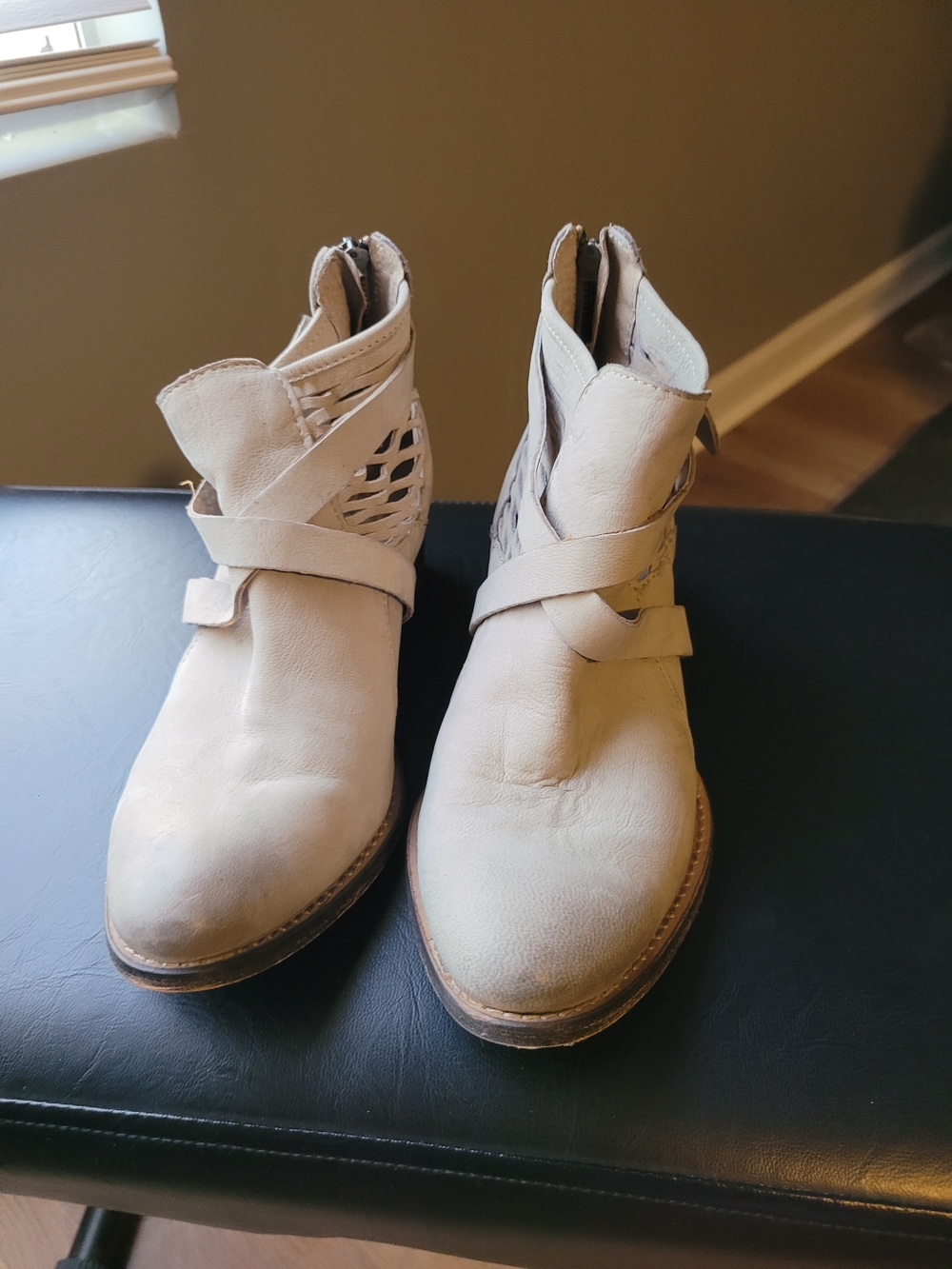 Charles David Beige Cutout Ankle Booties with Wrap Strap